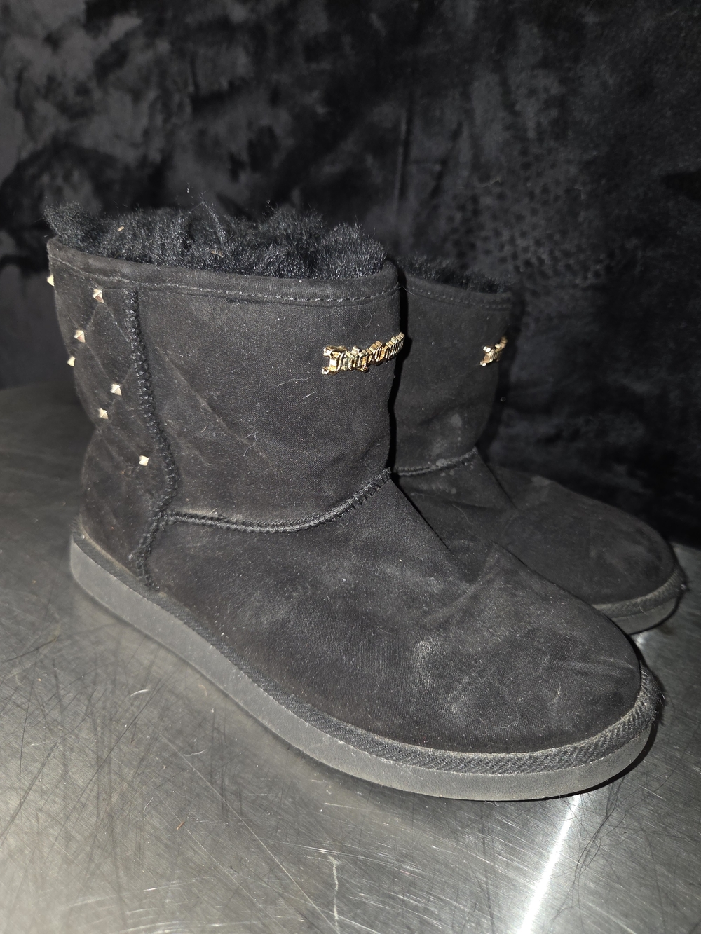 Juicy Couture Black Faux-Suede Ankle Booties with Gold Logo & Studs